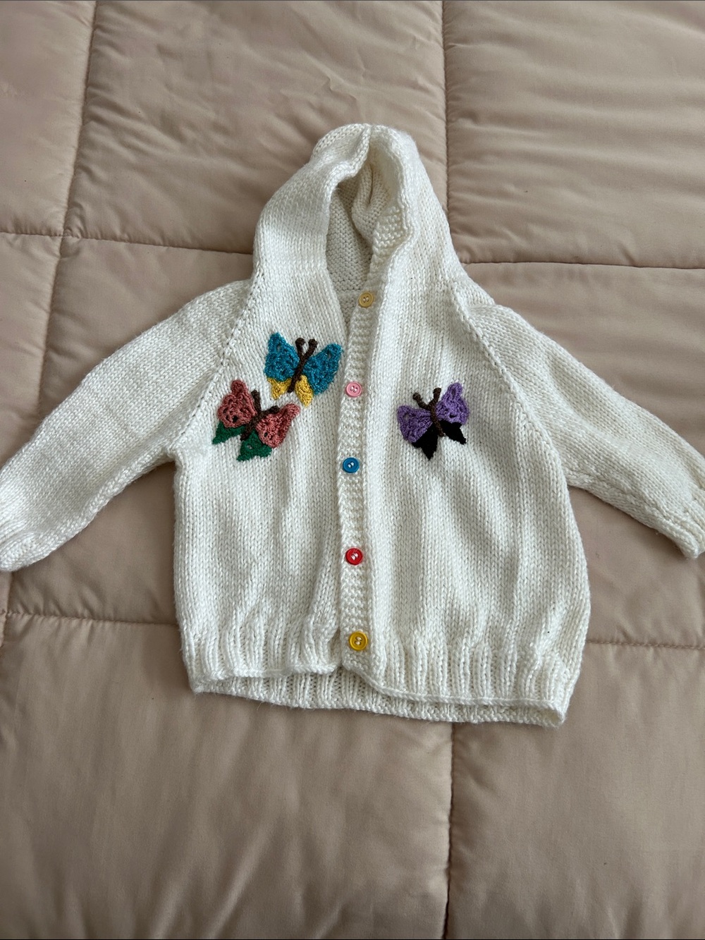 Vintage -White Hooded Knit Cardigan with Colorful Butterfly Appliqués